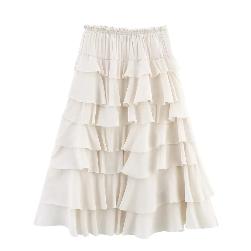 Ivory Tiered Mid Waist Midi Skirt
