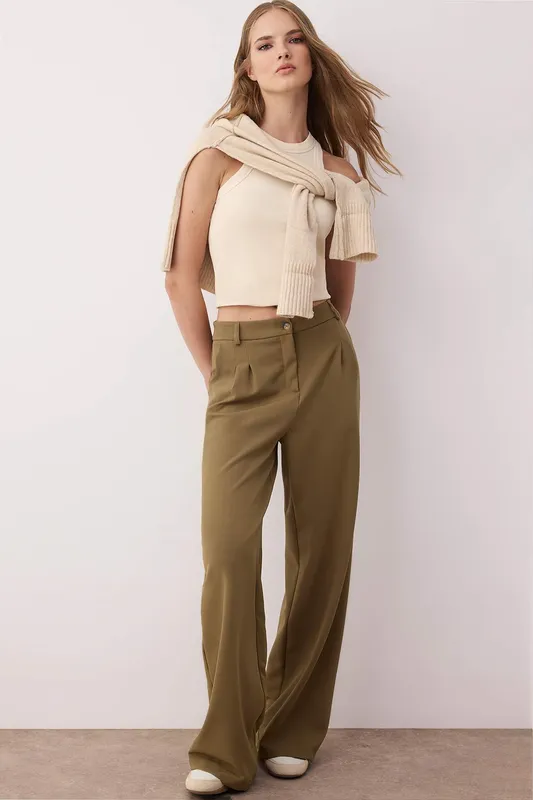 Khaki Wide Leg Trousers