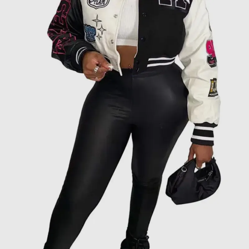 Ladies Black & White Cropped Varsity Jacket