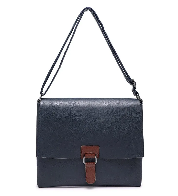 Large Blue Crossbody Bag With Black Leather Detailing