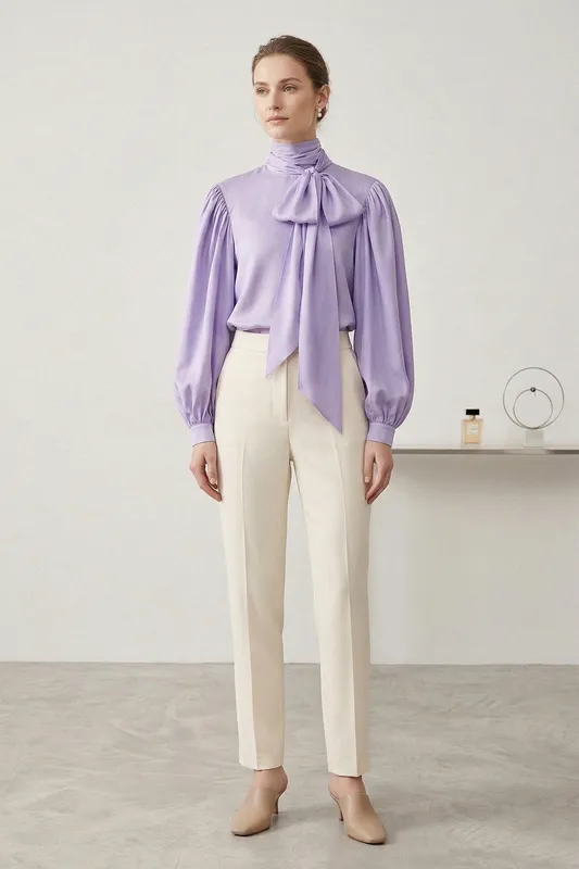 Lavender Silk Satin-Twill Tie-Neck Blouse