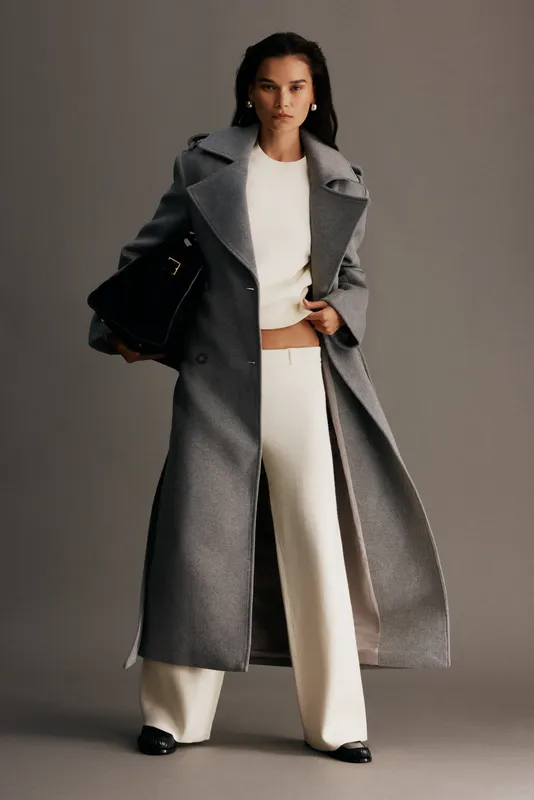 Levi Long Trench Wool Coat Grey Marle