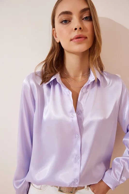 Lilac Satin Button-up Blouse