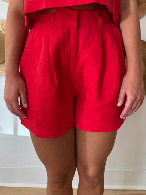 Lina Linen Tailored Shorts Red