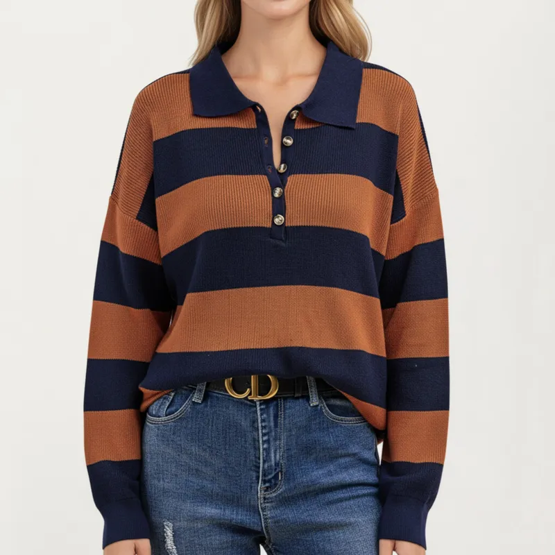 Long Sleeve Striped Knit Polo Top