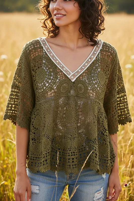 Loose Knit Crochet Flowy Top- Olive