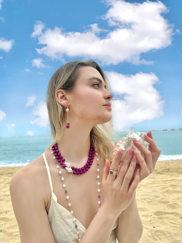 Magenta Gemstones With Baroque Pearls Double