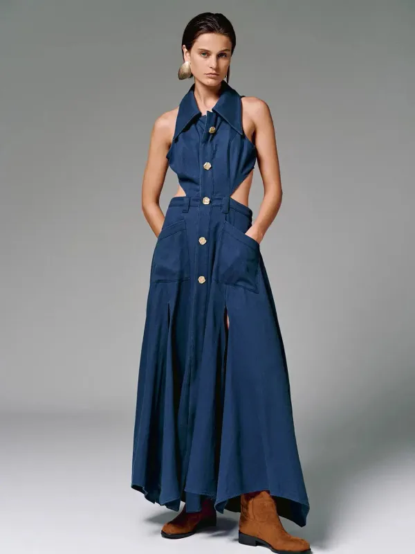 Maxi Dress Cotton Cutout Sleeveless Navy Maxi Dress