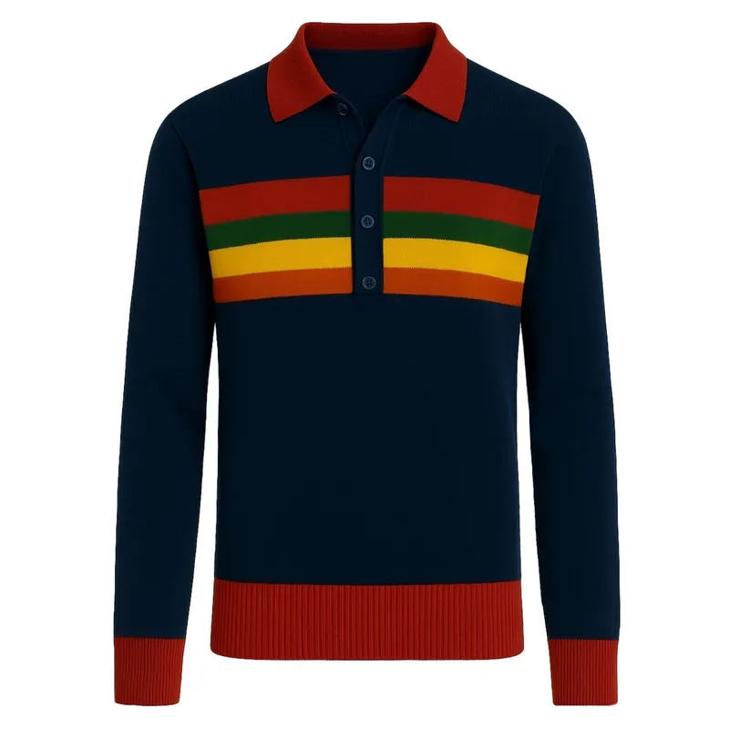 Men' Navy Blue Retro Striped Knitted Polo