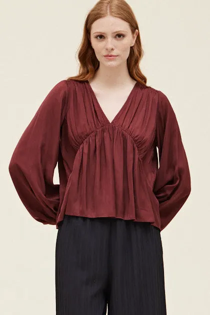 Merlot Gathered Satin Blouse Top