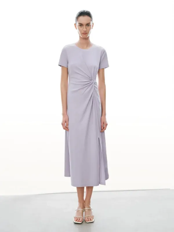Midi Dress Cotton Blend Crew Neck Short Sleeve Draped Knot