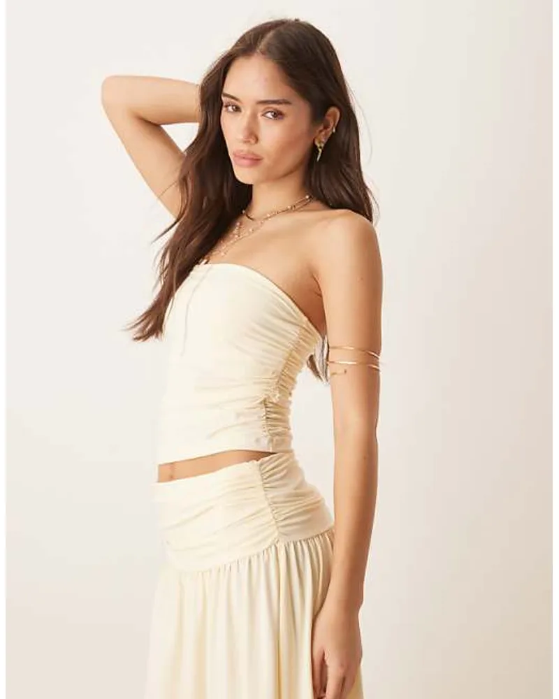 Miss Selfridge beach sequin ruched bra top in buttermilk