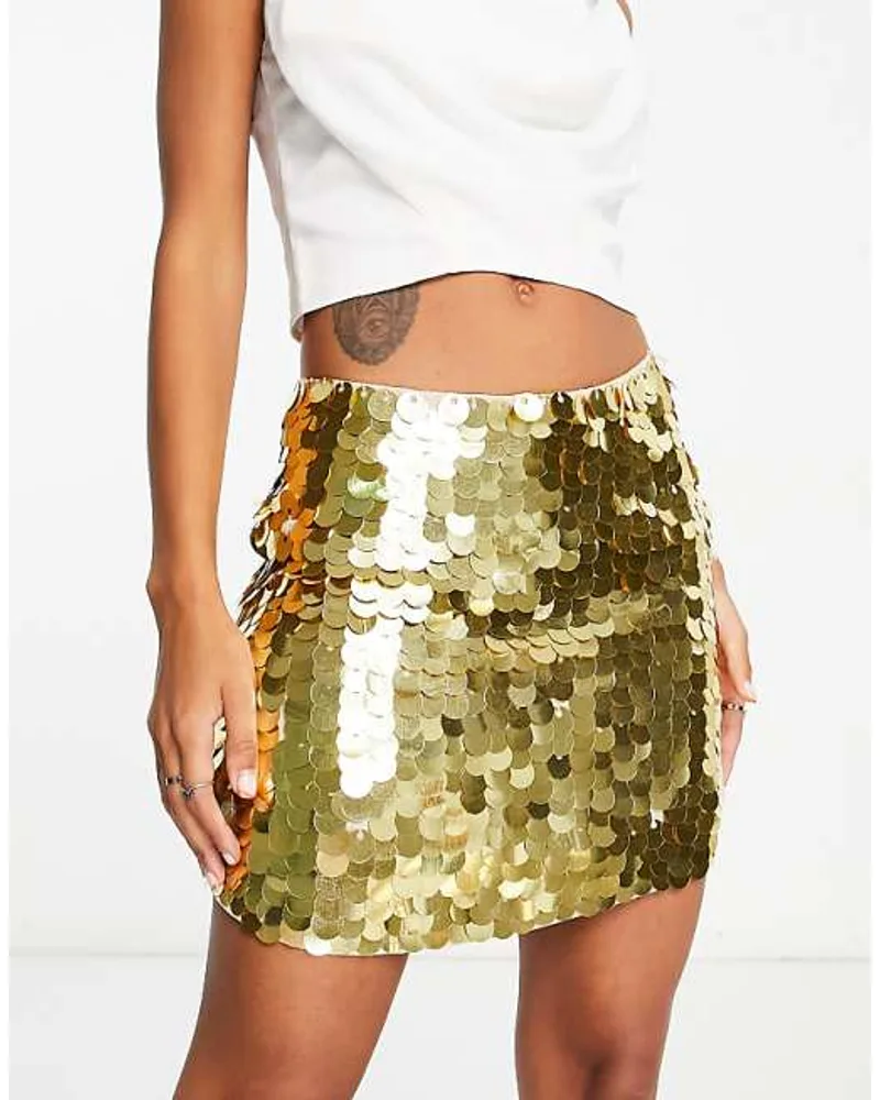 Miss Selfridge beach premium sequin ruffle mini skirt in butter