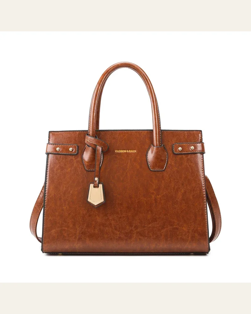 Elegant Brown Leather Tote Handbag for Women | Structured Work & Shoulder Bag with Crossbody Strap