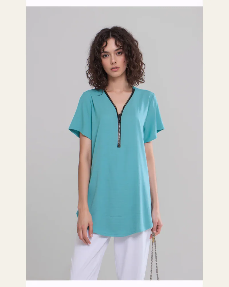 Women's Teal Zipper V-Neck Short Sleeve Top | Relaxed Fit Tunic Blouse for Casual Style