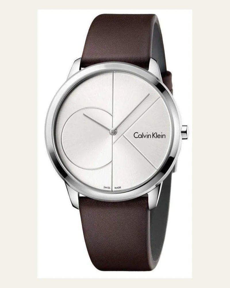 Calvin Klein Minimal Silver Dial Brown Leather Strap Watch for Men - K3M211G6