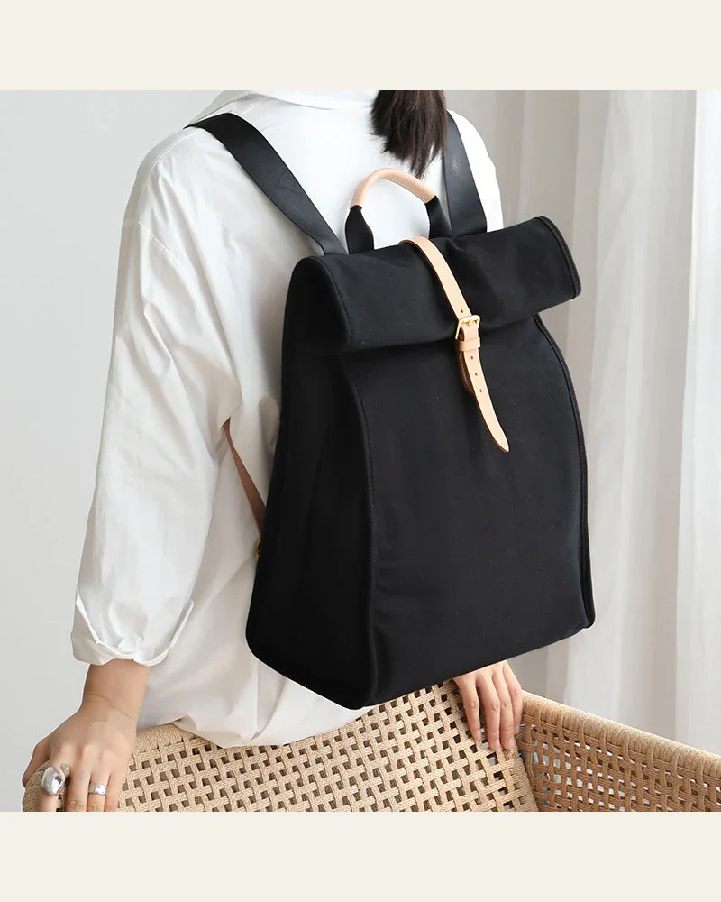 Black Canvas Folded Backpack Laptop Bag for Women