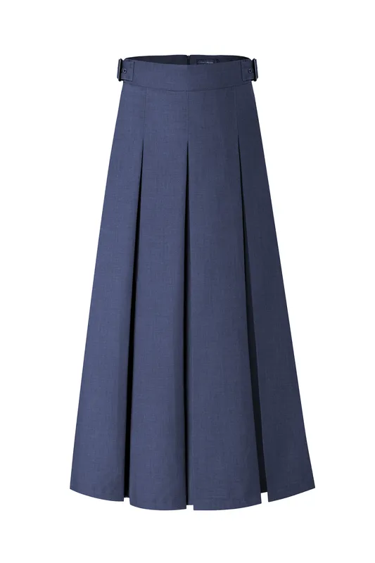 " Navy Belted Pleated Midi Skirt
