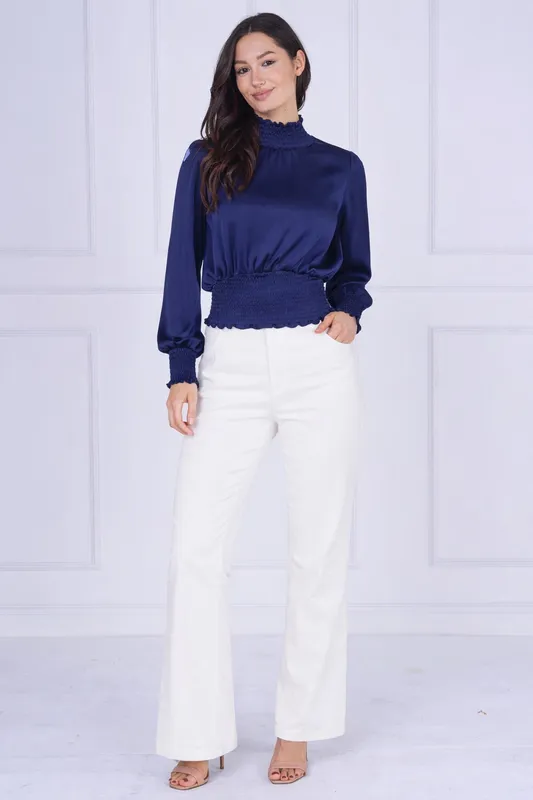 Navy Creased Satin Shirred Waist Top