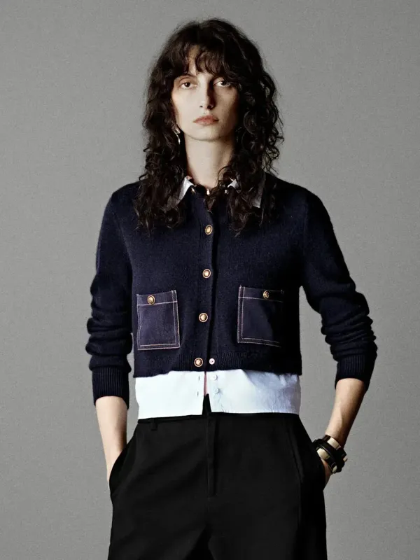 Navy Knit Cardigan Cotton Pockets In Cardigans
