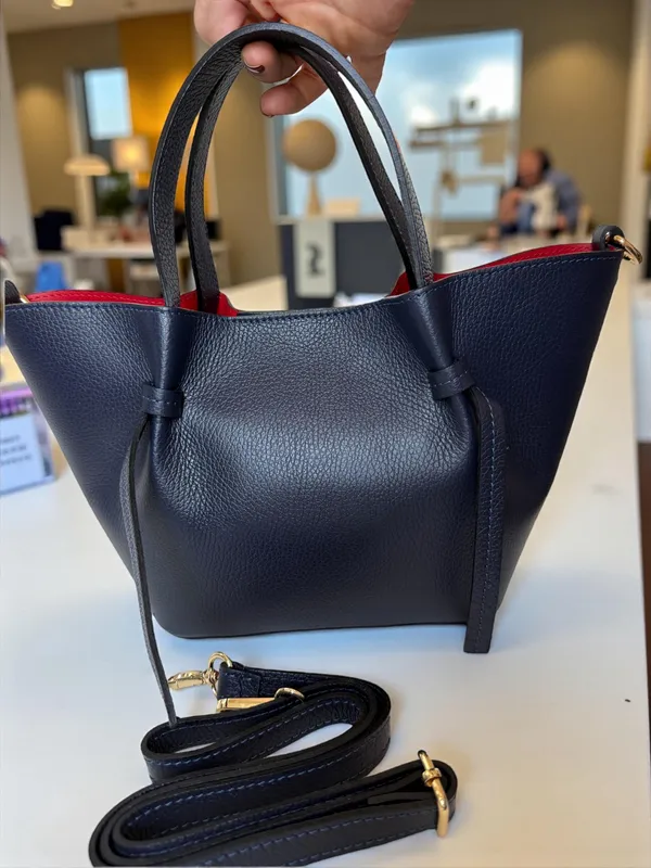 Navy Leather Trapezoid Bag Red Interior