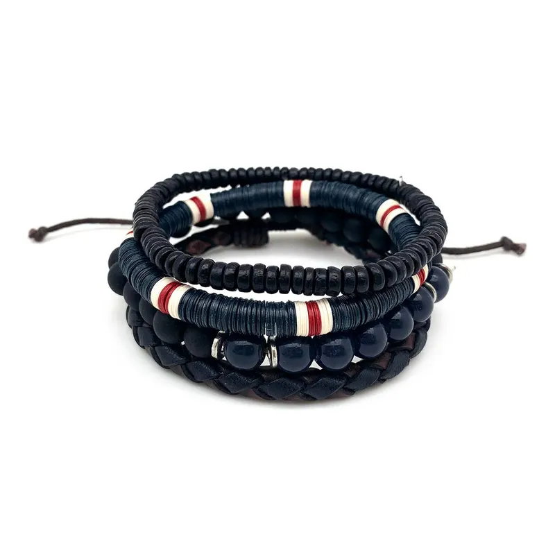 Navy Red & Black Beads Leather
