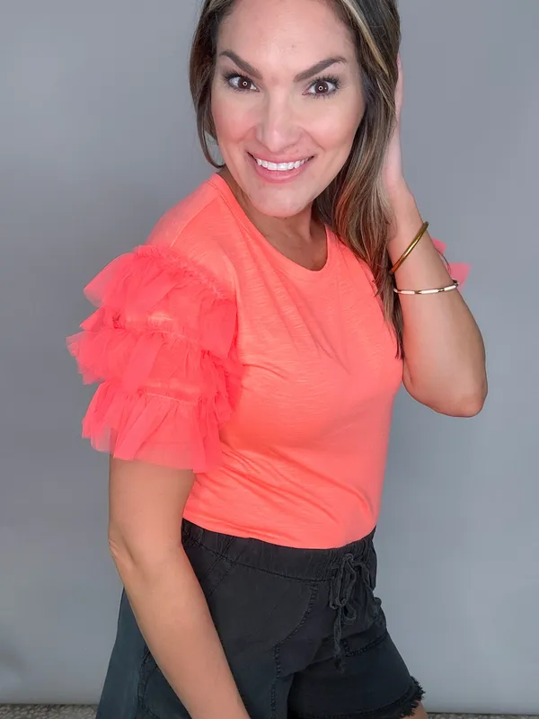 Neon Coral Ruffle Top
