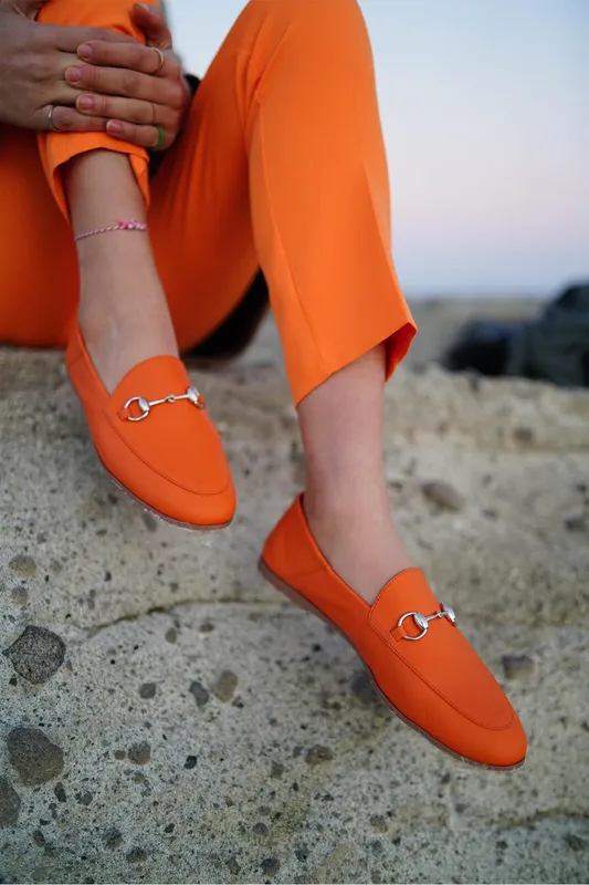 Neon Orange Horsebit Loafers