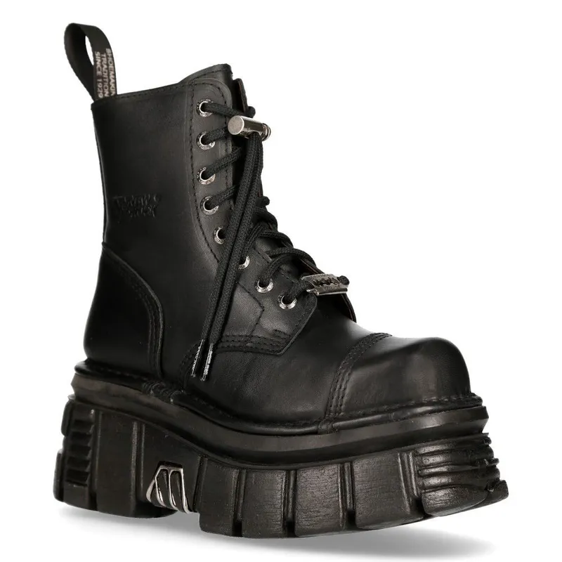 New Rock Black Leather Combat Tower Boots- -newmili083-s21