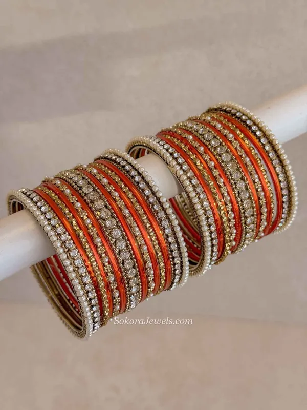Orange and Gold Bangle Set – Crystal Stack