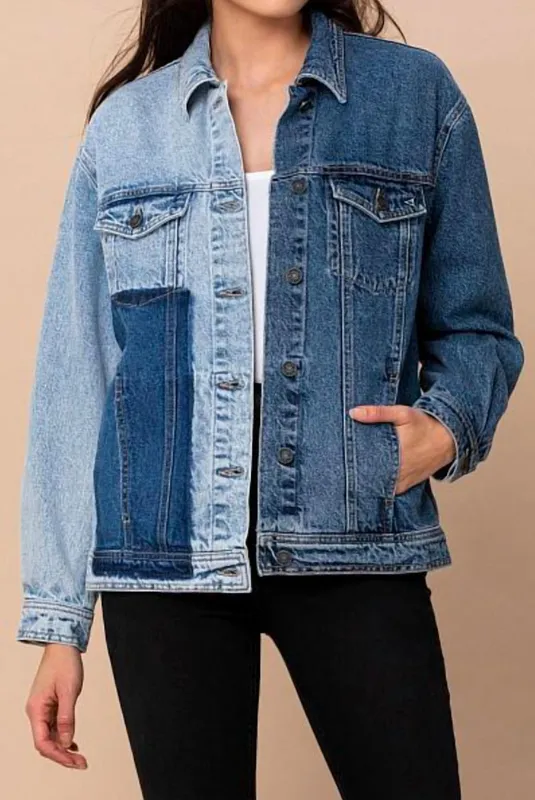 ' Patch Oversized Denim Jacket In Light Blue