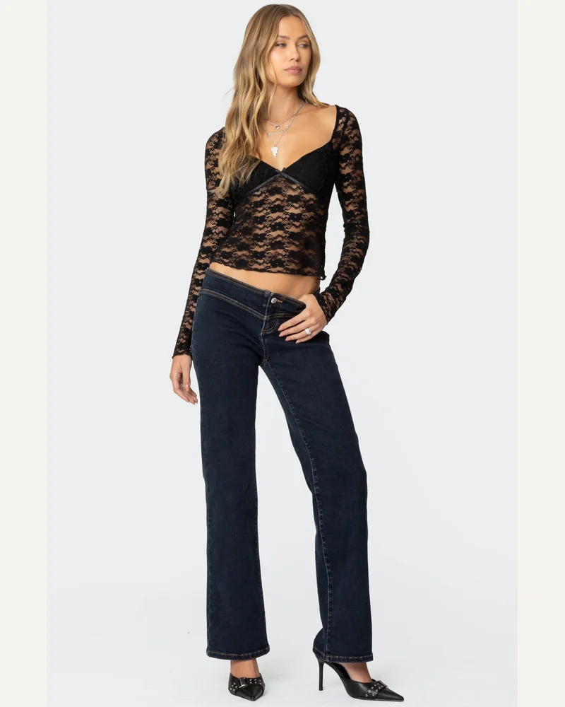 Ribbon Lace Up Low Rise Straight Leg Jeans
