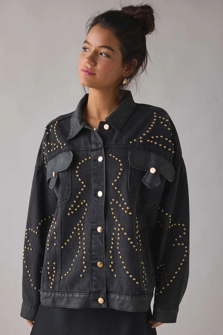 Ricki Studded Faux Leather Trim Oversized Denim Jacket
