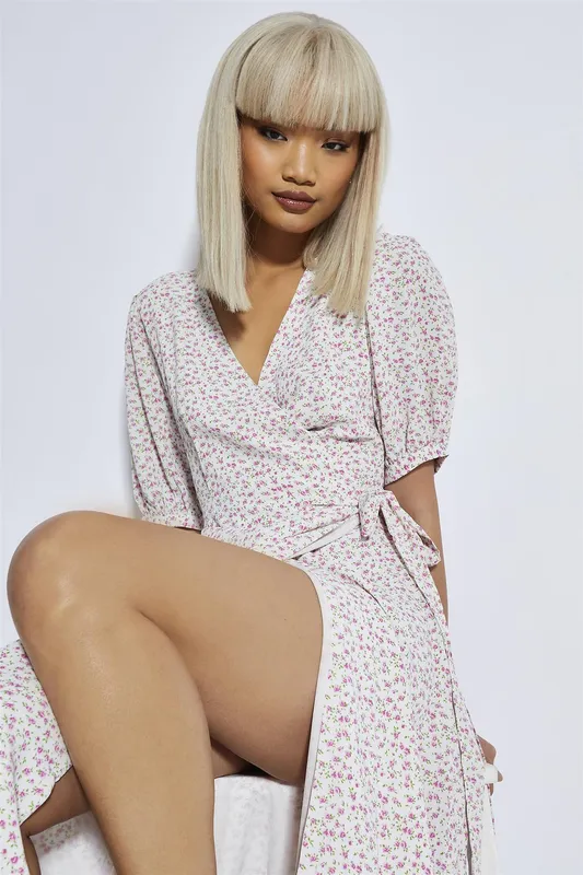 Pink Mini Vintage-rose Midi Wrap-dress
