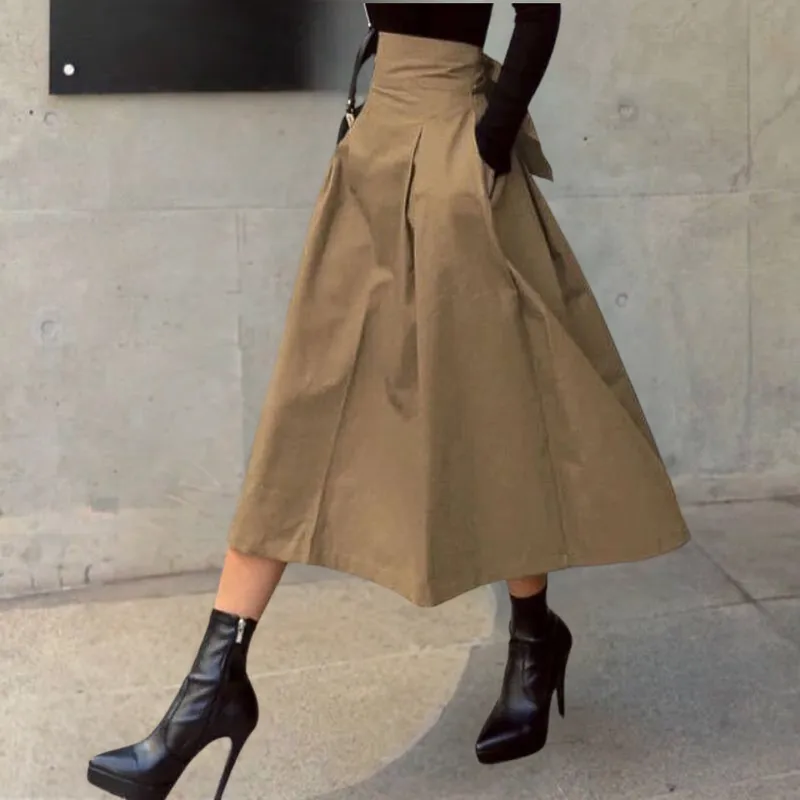 Pleated Brown Midi Skirt