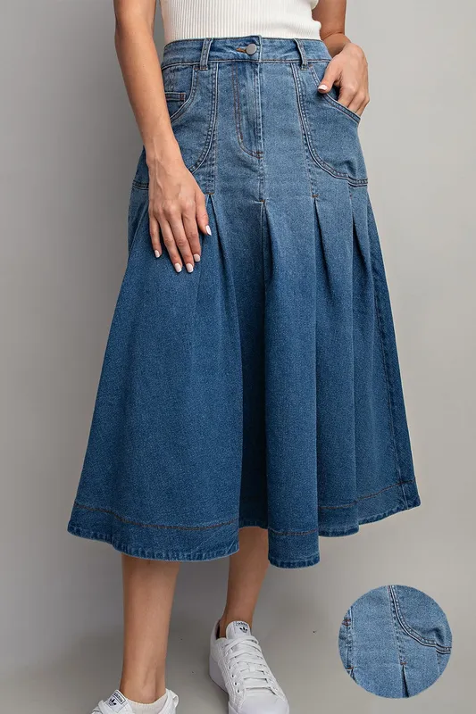 Pleated Denim Midi Skirt