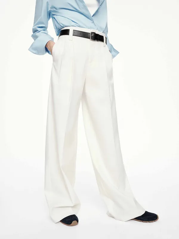 Pleated White Straight Trousers