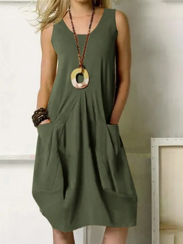 Pocket Sleeveless O-neck Irregular
