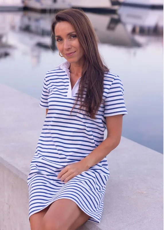 Polo Dress Cotton True Navy White Breton Stripe