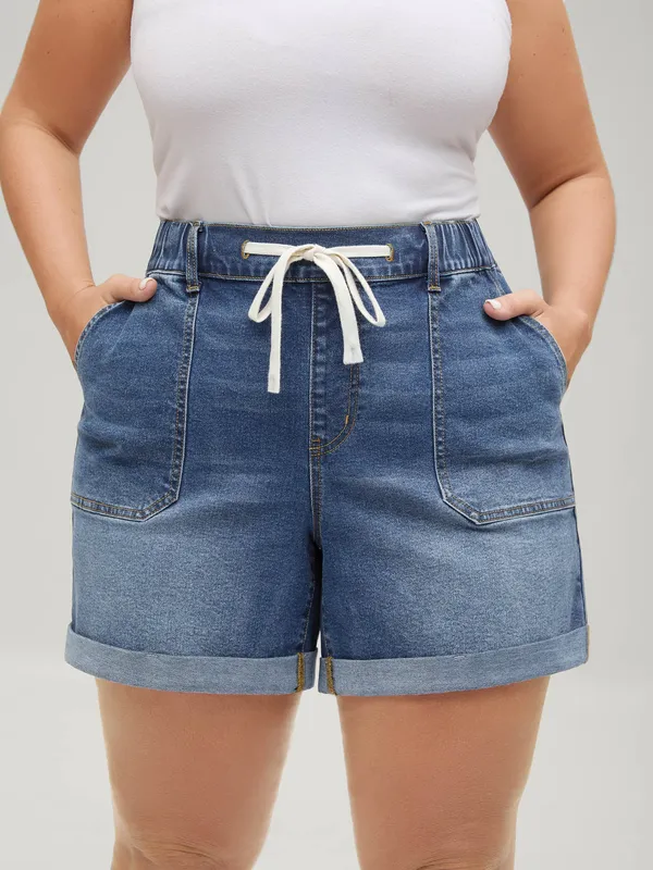 Pull-on Folded Hem High-rise Denim Shorts