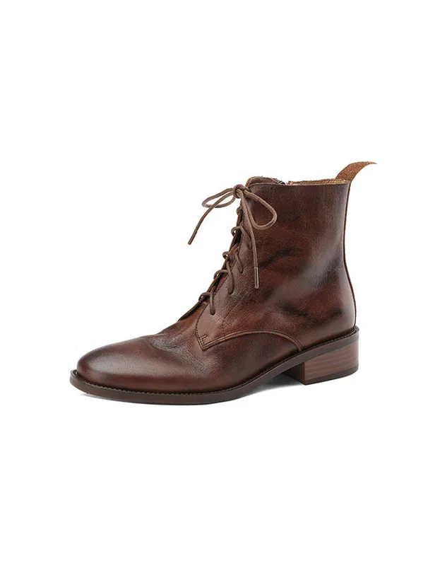Real Leather Pointed Toe British Style Lace-up Boots
