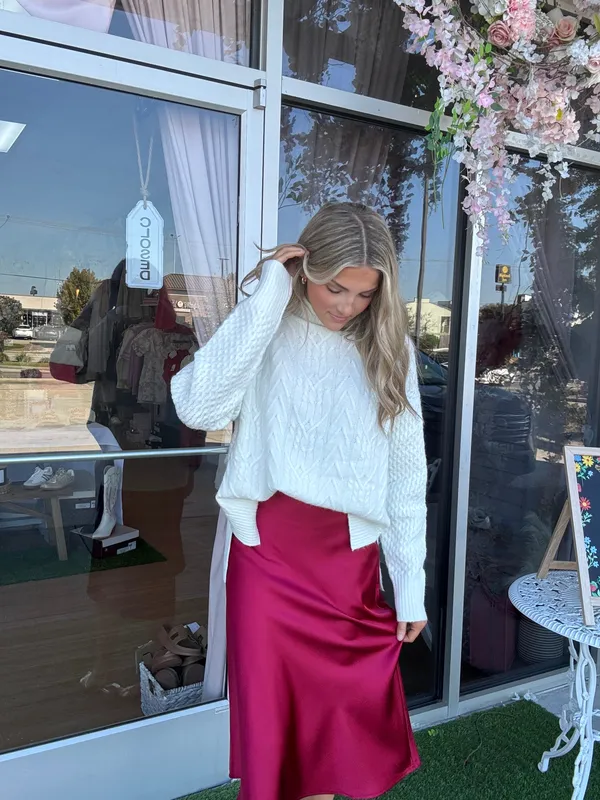 Red Satin Midi Skirt