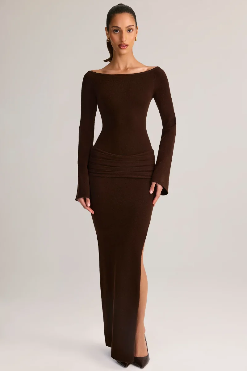 Rib-knit Boat-neck Long-sleeve Maxi