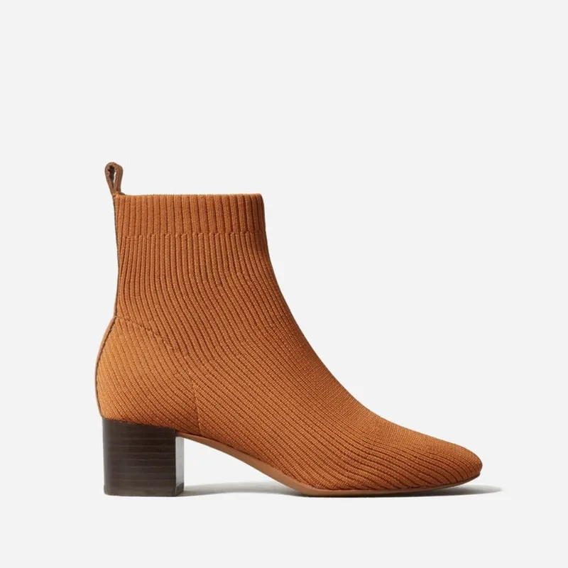 Ribbed Knit Block Heel Sock Booties