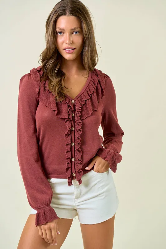 Ruffle Contrast Fine Gauge Button Front Top 45305t