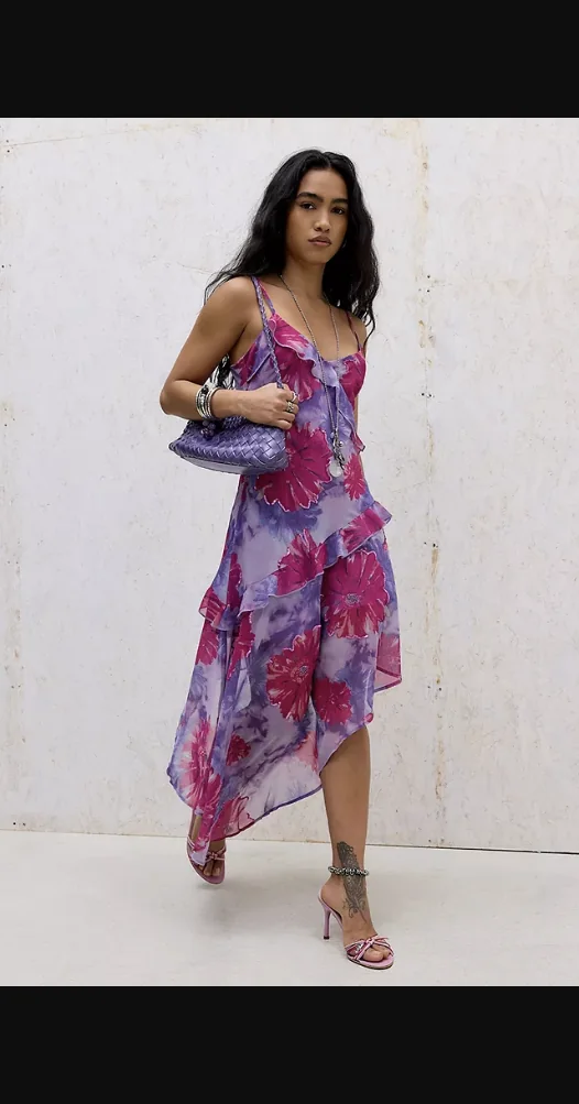 UO Cara Ruffle Slip Midi Dress