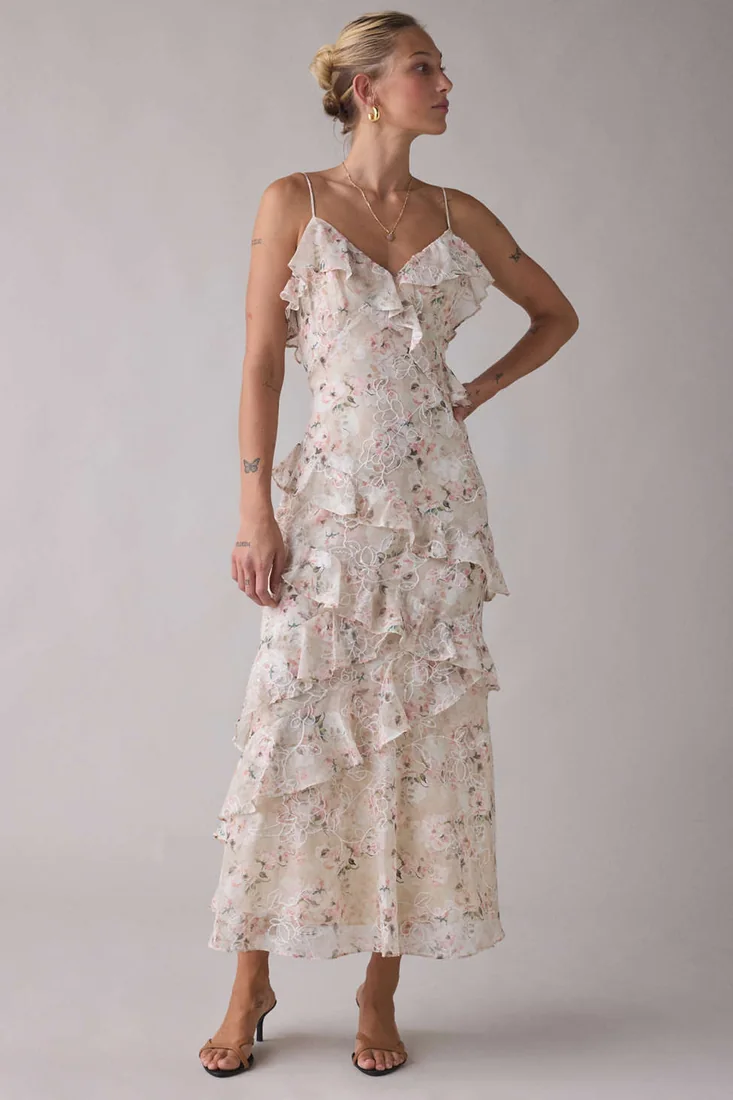 Bryson Embroidered Floral Asymmetric Ruffle Maxi Dress