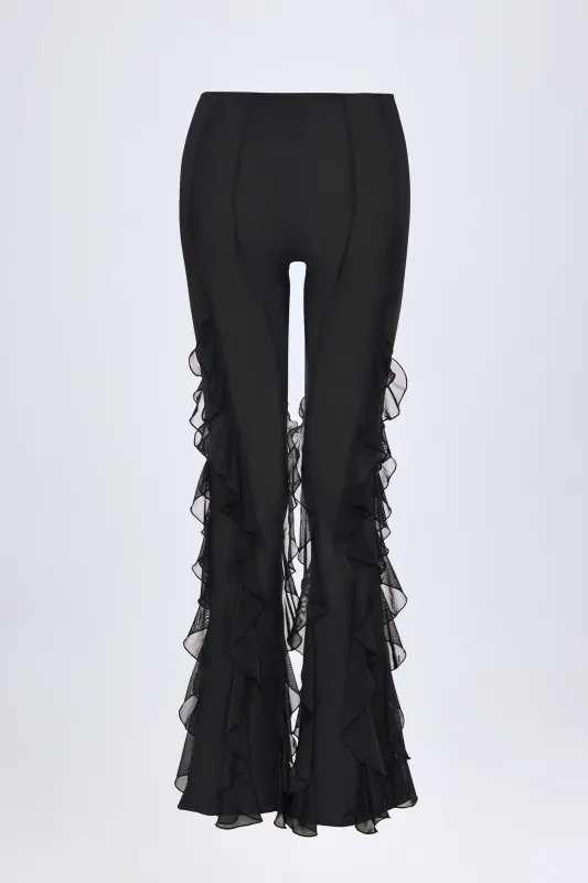 Ruffled Mid-rise Flared Trousers In Black