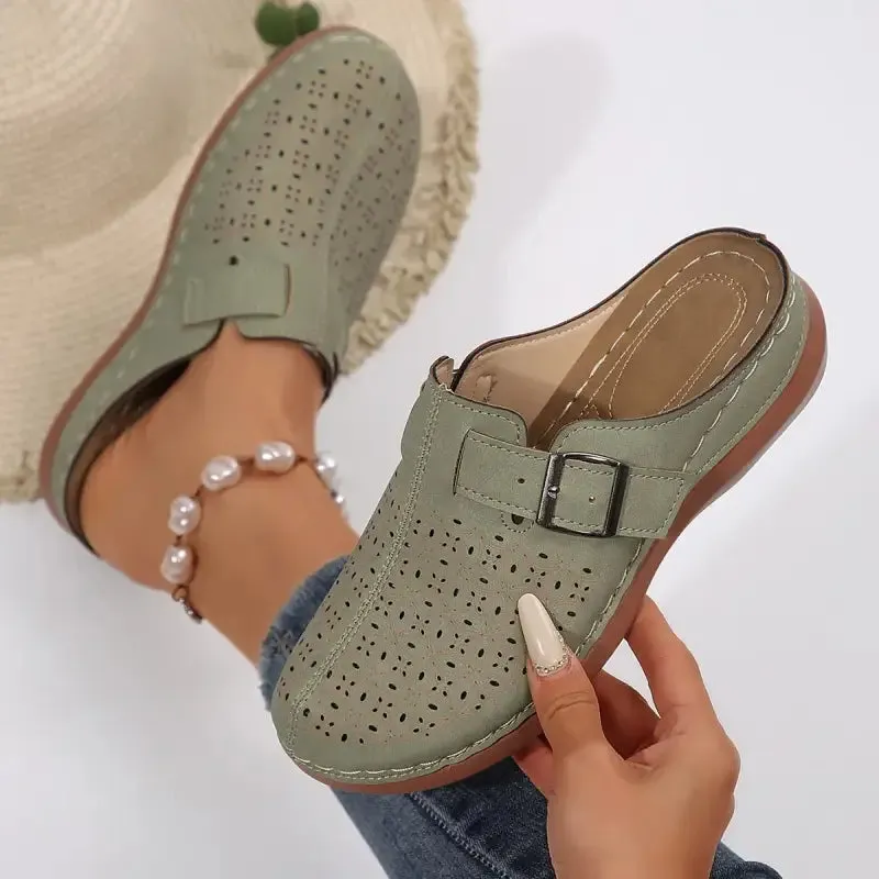 Sage Green Perforated Leather Loafer Mules