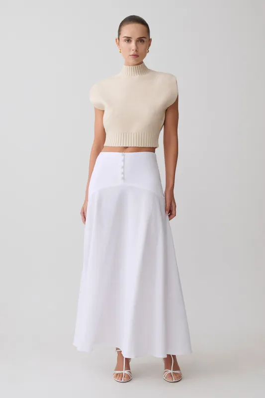 Selma Curved Waist Midi Skirt White